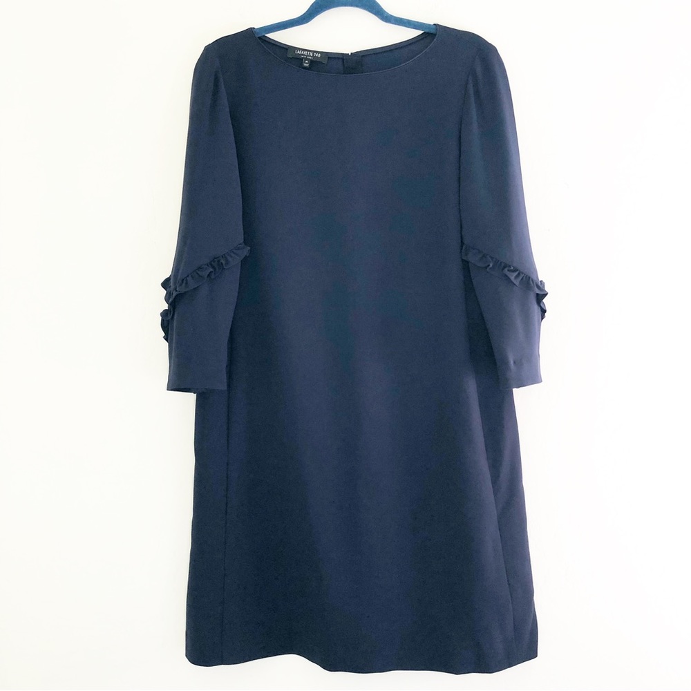 Lafayette 148 New York Navy Blue Sheath Ruffle Sleeve Dress size Medium